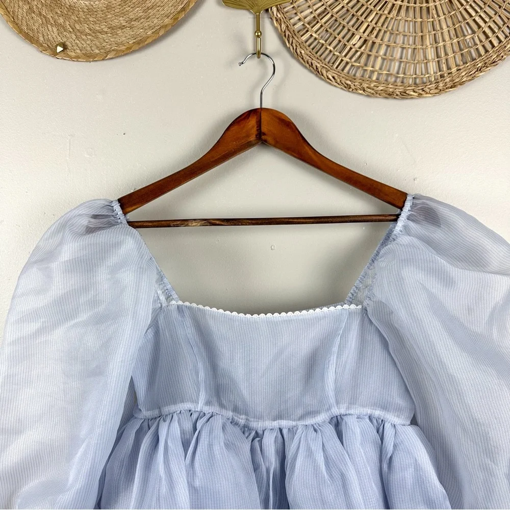 SELKIE The Puff Dress Sheer Blue Babydoll Pinstripe Dress Size Small - Picture 5 of 17